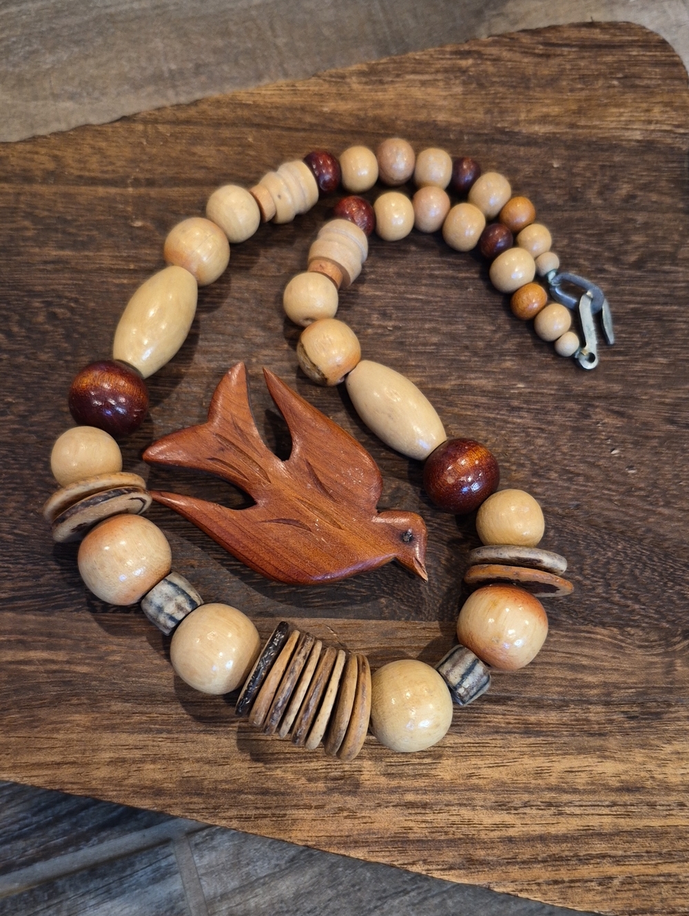 Vintage Wood Bead Necklace & Wooden Bird Brooch